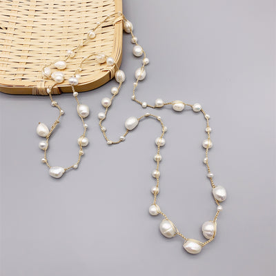 Hand-woven Freshwater White Pearl Necklace Baroque Style Long