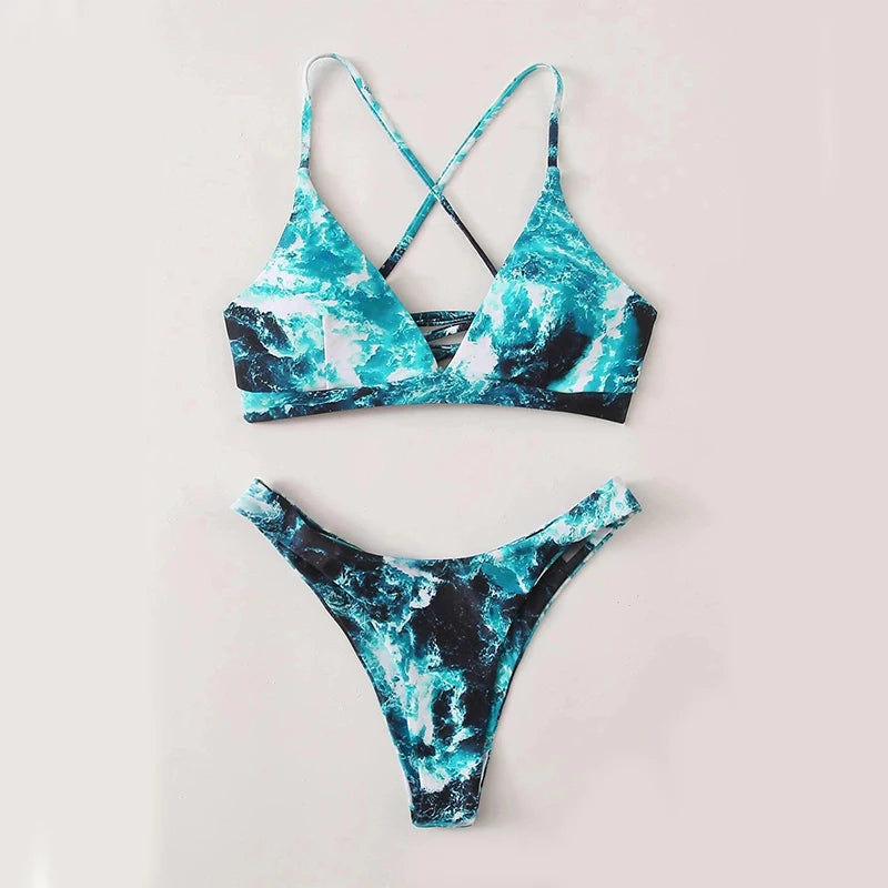 Tie dye Bikini Women Sexy Cross bandage tie-dye printing Push-Up Two Piece Swimwear stroj kapielowy dziewczynka