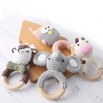 Wooden Baby Teether Crochet Elephant Toy