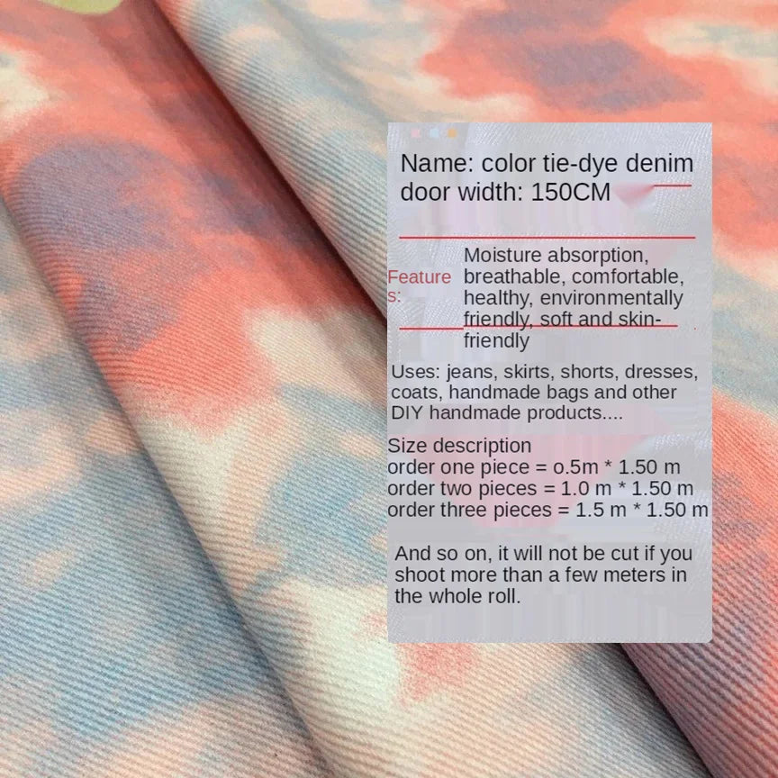 Color Tie Dye Washed Denim Fabric for Dress Skirt Coat Clothes Sewing Handmade DIY Thickened Pure Cotton 100% Textile 50x150cm