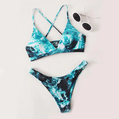 Tie dye Bikini Women Sexy Cross bandage tie-dye printing Push-Up Two Piece Swimwear stroj kapielowy dziewczynka