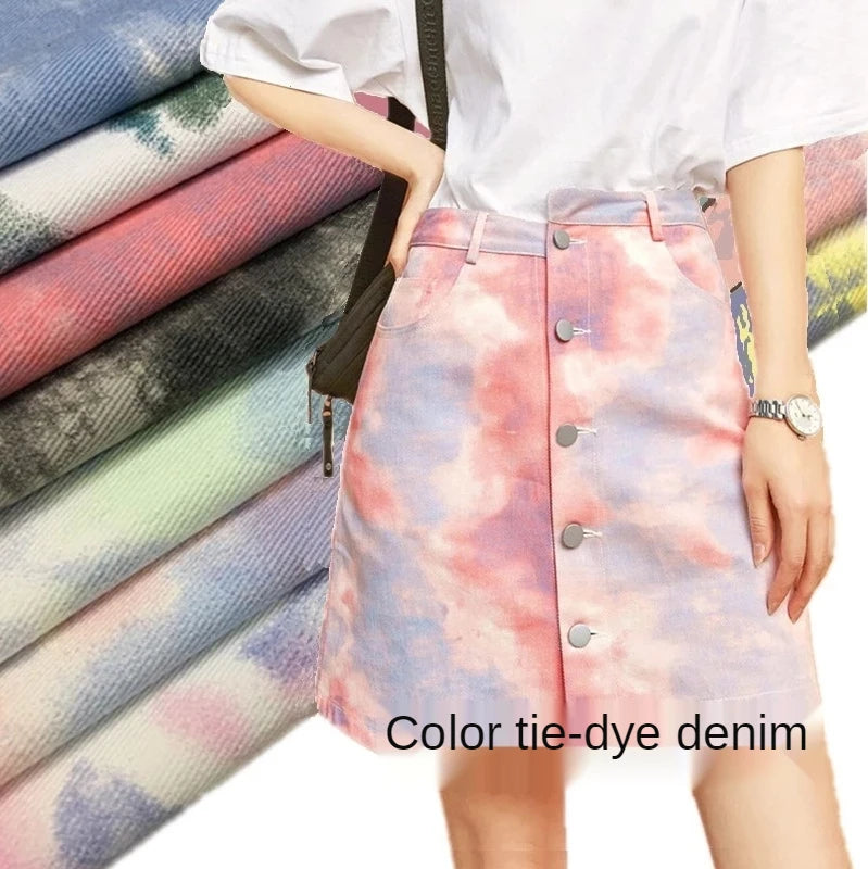 Color Tie Dye Washed Denim Fabric for Dress Skirt Coat Clothes Sewing Handmade DIY Thickened Pure Cotton 100% Textile 50x150cm