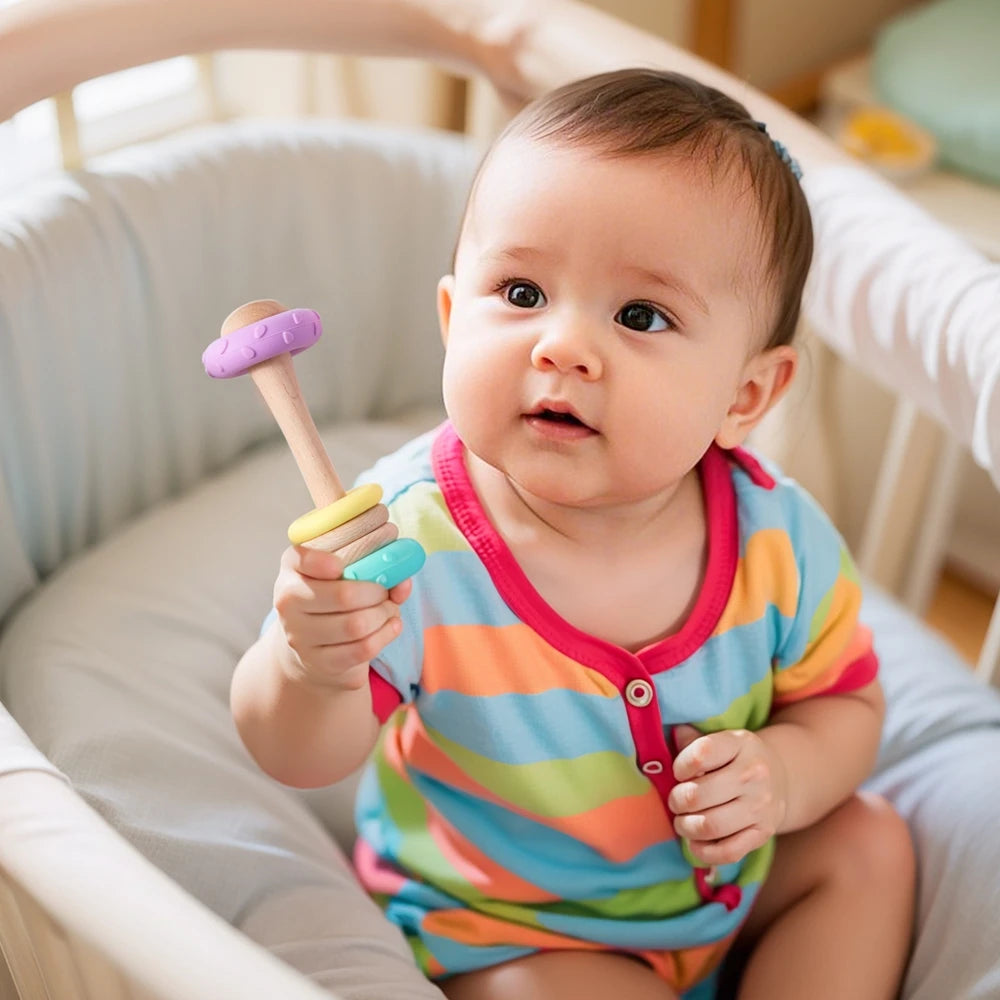 Wooden Rattle & Silicone Teether Toy