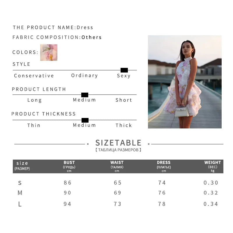 Printed Backless Halter Puffy Dress Women Sleeveless Backless High Waist Sexy Holiday Dresses 2025 Summer Party Gown Lady Robe