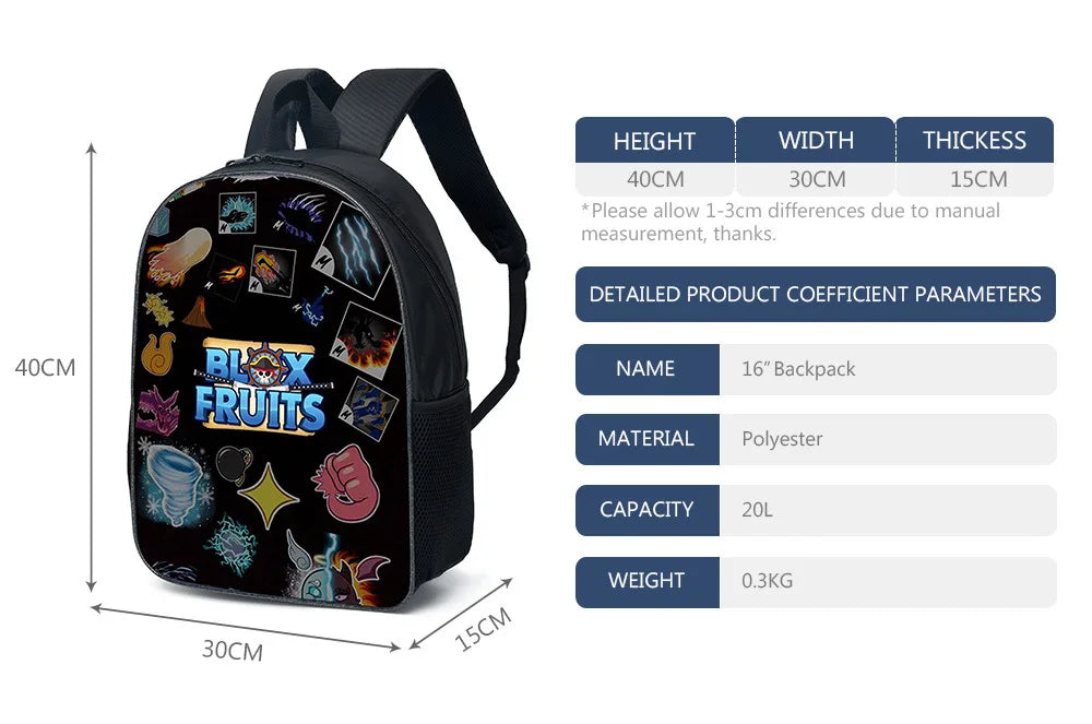 ROBLOX Blox Fruits Primary School Bag Children's Cartoon Backpack Backpack Kawaii Cartoon School Bag Mochila