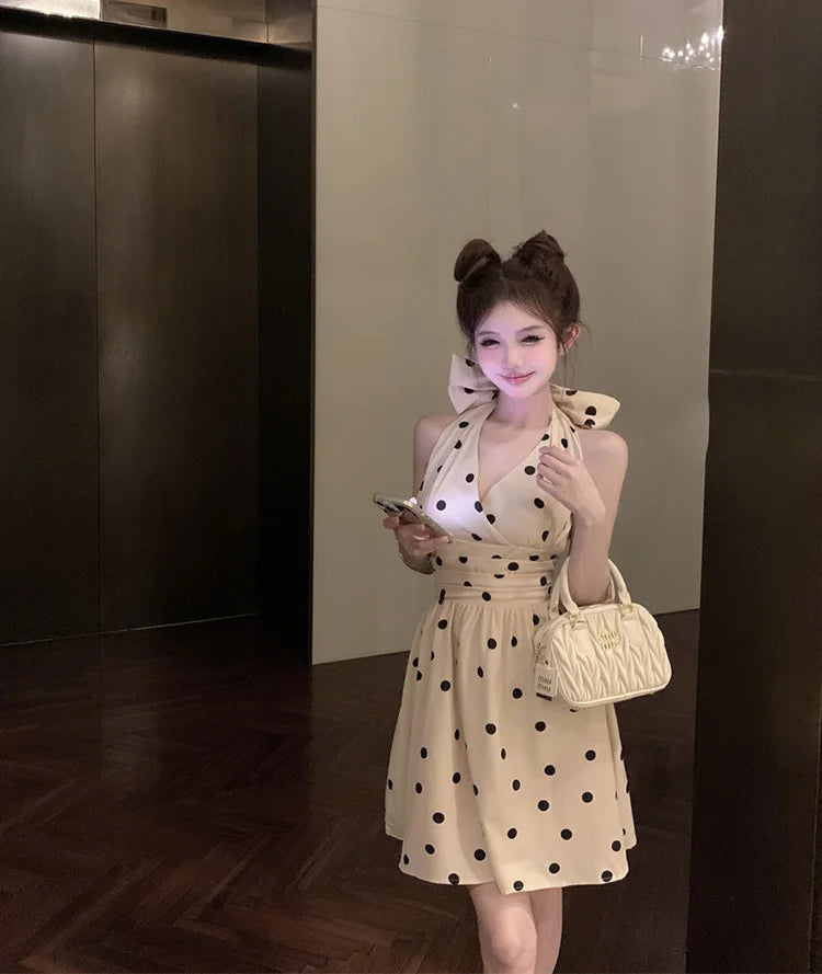 2025 New Woman Dress Vintage Elegant Sweet Bowknot Polka Dot Sleeveless V Neck Halter Summer Sexy Mini Dresses Party Stylish