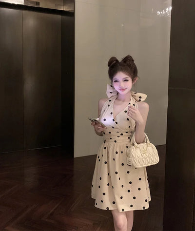 2025 New Woman Dress Vintage Elegant Sweet Bowknot Polka Dot Sleeveless V Neck Halter Summer Sexy Mini Dresses Party Stylish