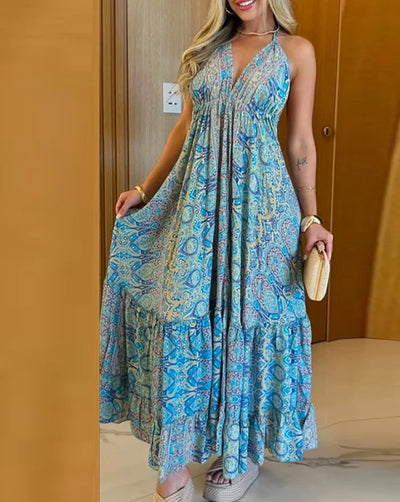 Women's Dress 2025 Spring Summer Vintage Tribal Print Halter Neck Maxi Deep V-Back A-Line Flared Long Skirt with Ruffled Hem