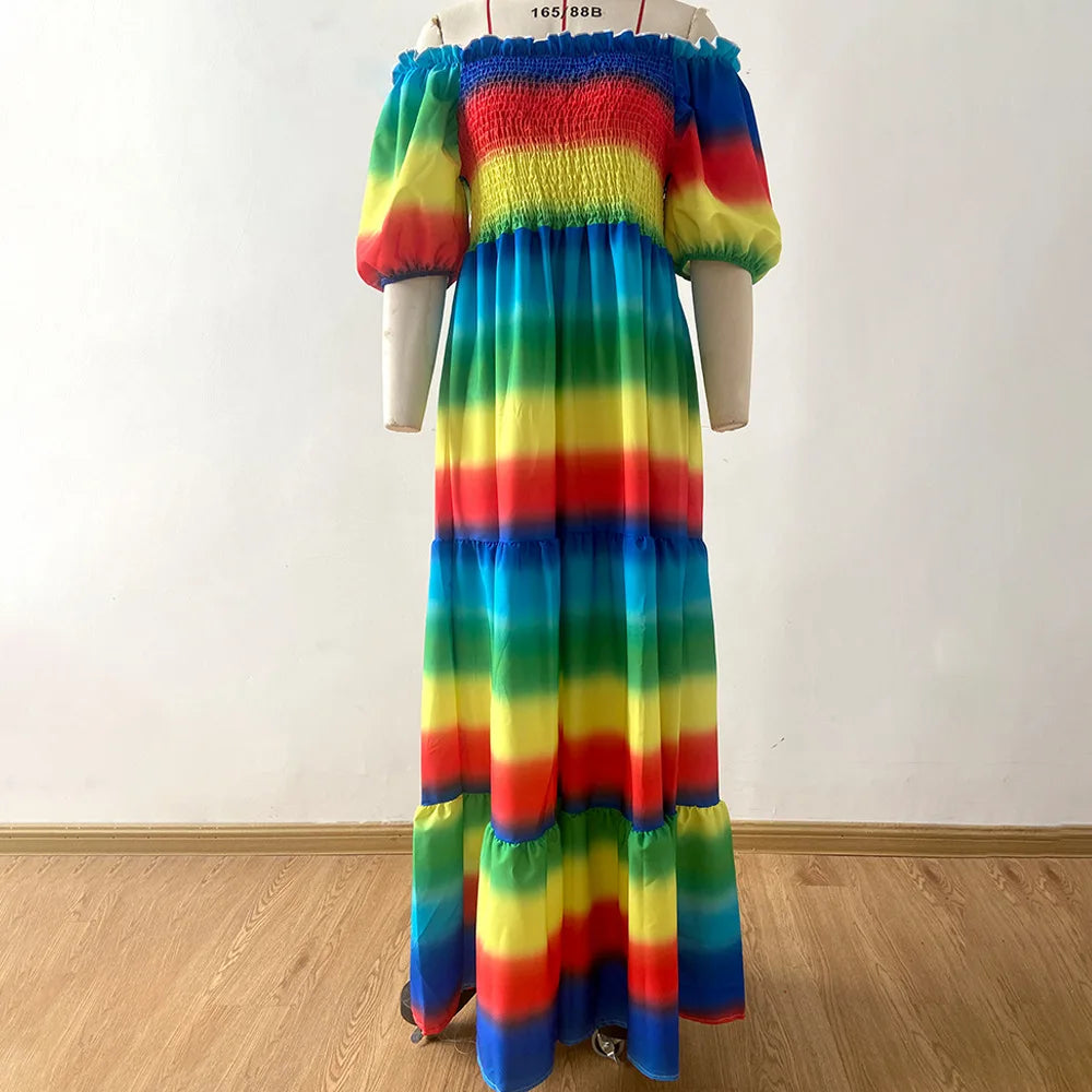 Fashion Womens Rainbow Long Dress Sexy Off Shoulder A-line Floral Printed Maxi Dresses Boho Retro Party Evening Vestidos Female