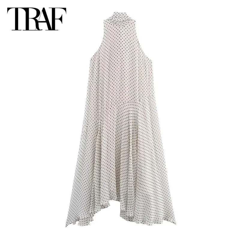 TRAF Women's Dresses Elegant Halter Long Dresses 2025 Spring Summer Dot Y2k Vestidos Fashion Casual Lace-Up Party Midi Dresses