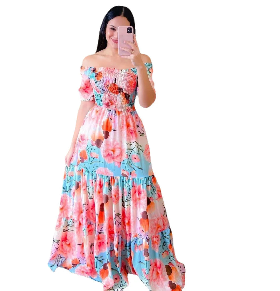 Fashion Womens Rainbow Long Dress Sexy Off Shoulder A-line Floral Printed Maxi Dresses Boho Retro Party Evening Vestidos Female