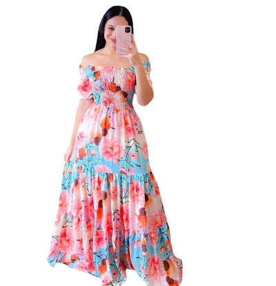 Fashion Womens Rainbow Long Dress Sexy Off Shoulder A-line Floral Printed Maxi Dresses Boho Retro Party Evening Vestidos Female