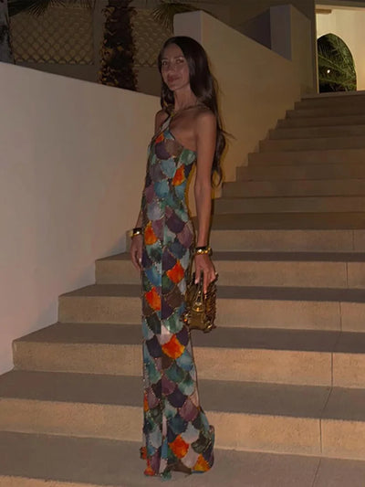 Halter Long Dress Women Retro Contrast Color Sleeveless Bodycon Printed Robe 2025 Elegant Spring Summer Lady Party Beach Dresses