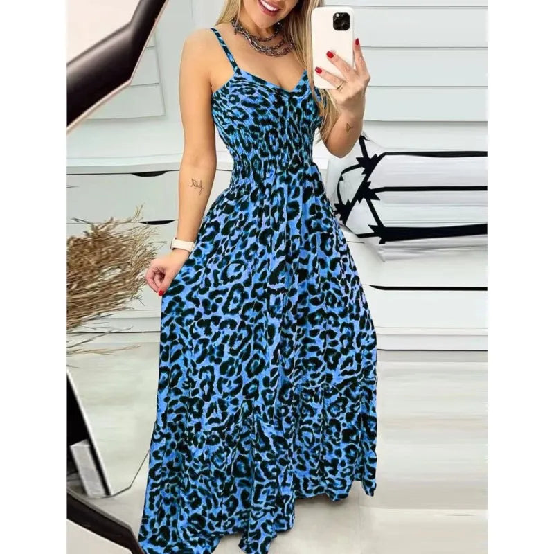 Women's Fashion Leopard Print Dresses Sexy Temperament Long Sling Dress Elegant 2025 Summer Sexy Female New Vestidos Party Cloth
