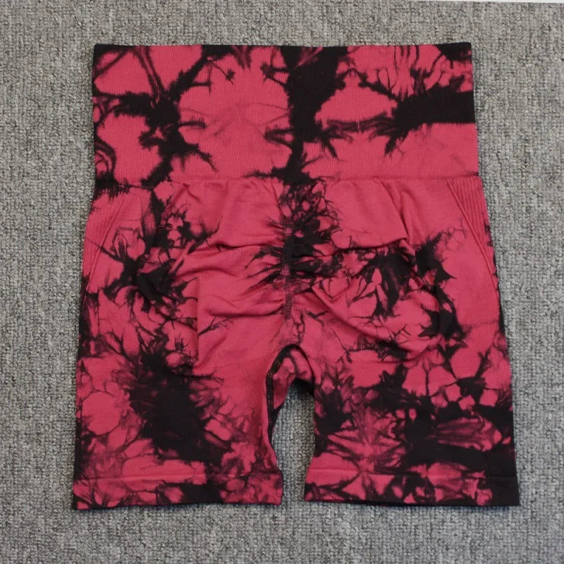 Tie Dye Shorts Women Seamless High Waist  Shorts Sexy Hip Liftting Stretchy Yoga Shorts Workout Running Knit Skinny Gym Shorts