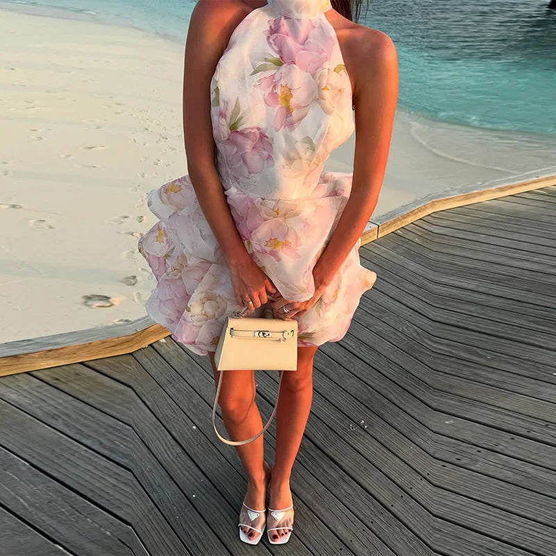 Printed Backless Halter Puffy Dress Women Sleeveless Backless High Waist Sexy Holiday Dresses 2025 Summer Party Gown Lady Robe