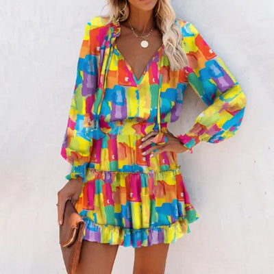 Fashion Colorful Floral Printed Party Dress 2023 Women Spring Summer Elegant V-Neck Drawstring Ruffle Miniskirt Casual Robe