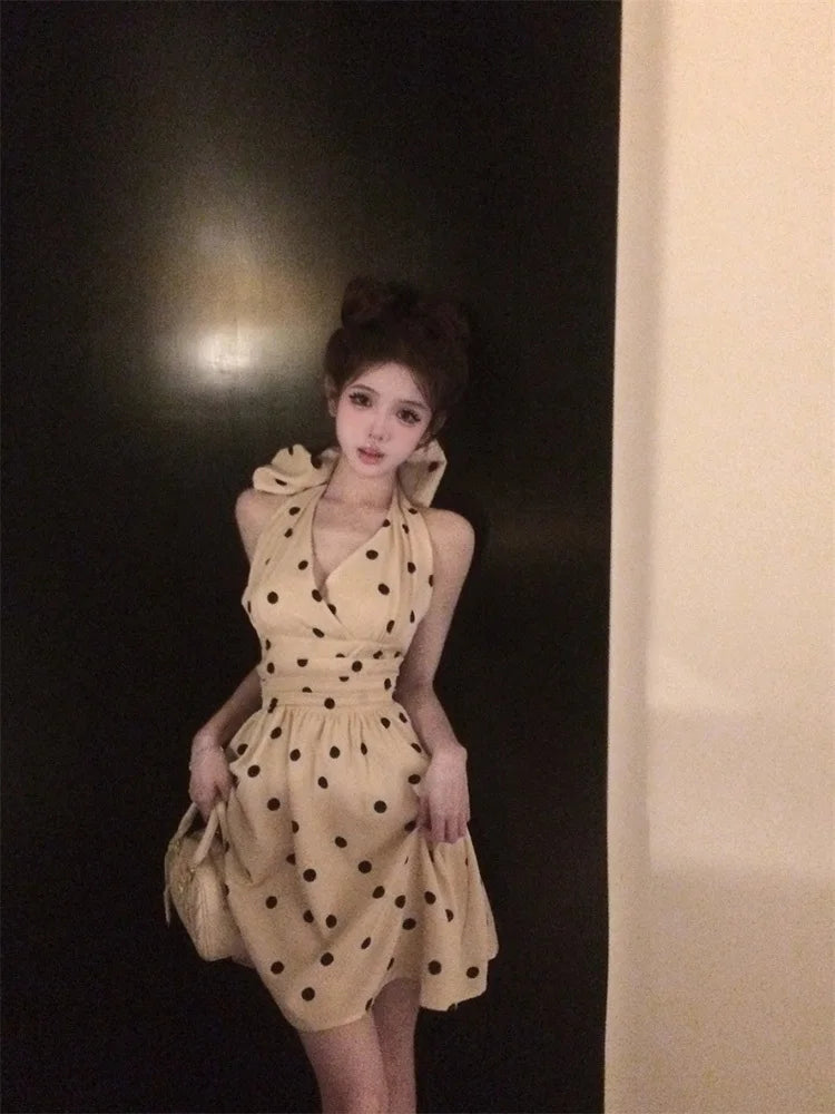 2025 New Woman Dress Vintage Elegant Sweet Bowknot Polka Dot Sleeveless V Neck Halter Summer Sexy Mini Dresses Party Stylish