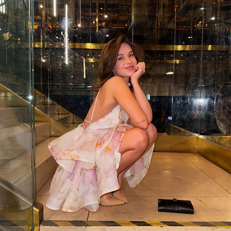 Printed Backless Halter Puffy Dress Women Sleeveless Backless High Waist Sexy Holiday Dresses 2025 Summer Party Gown Lady Robe