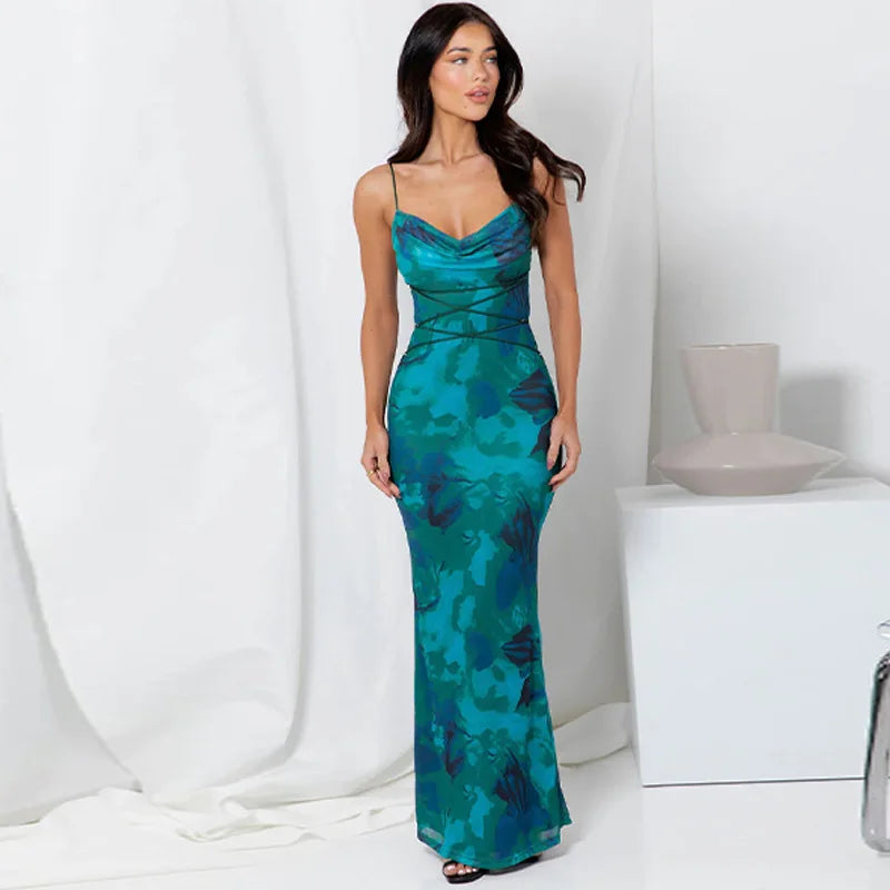 Spring Summer New Sexy Halter Backless Women's Print Dresses Fashion Lace Up Slim-fit Wrap Hip Elegant Female Dinner Party Dress