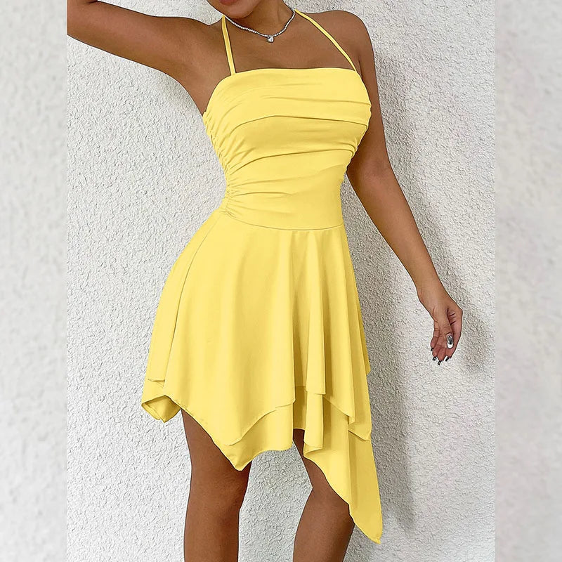 2025 New Women's Summer Dress Fashion High Waist Slim Irregular Short Dress Female Sexy Backless Suspender Halter Mini Dresses