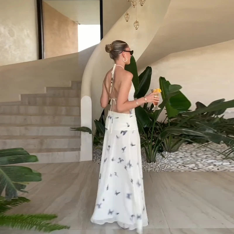 Elegant Halter Printed Long Dress Women Lace Up Sleeveless Backless Pleated Dresses 2025 Summer Lady Chic Party Vacation Robes