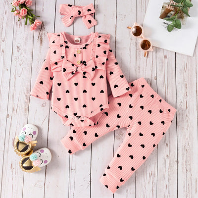 Girls Heart Print Ribbed Bow