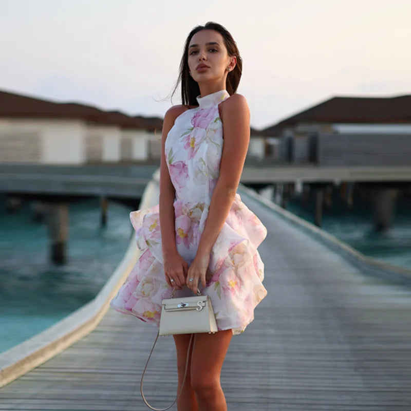 Printed Backless Halter Puffy Dress Women Sleeveless Backless High Waist Sexy Holiday Dresses 2025 Summer Party Gown Lady Robe