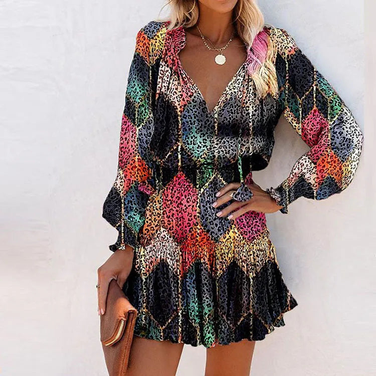 Fashion Colorful Floral Printed Party Dress 2023 Women Spring Summer Elegant V-Neck Drawstring Ruffle Miniskirt Casual Robe