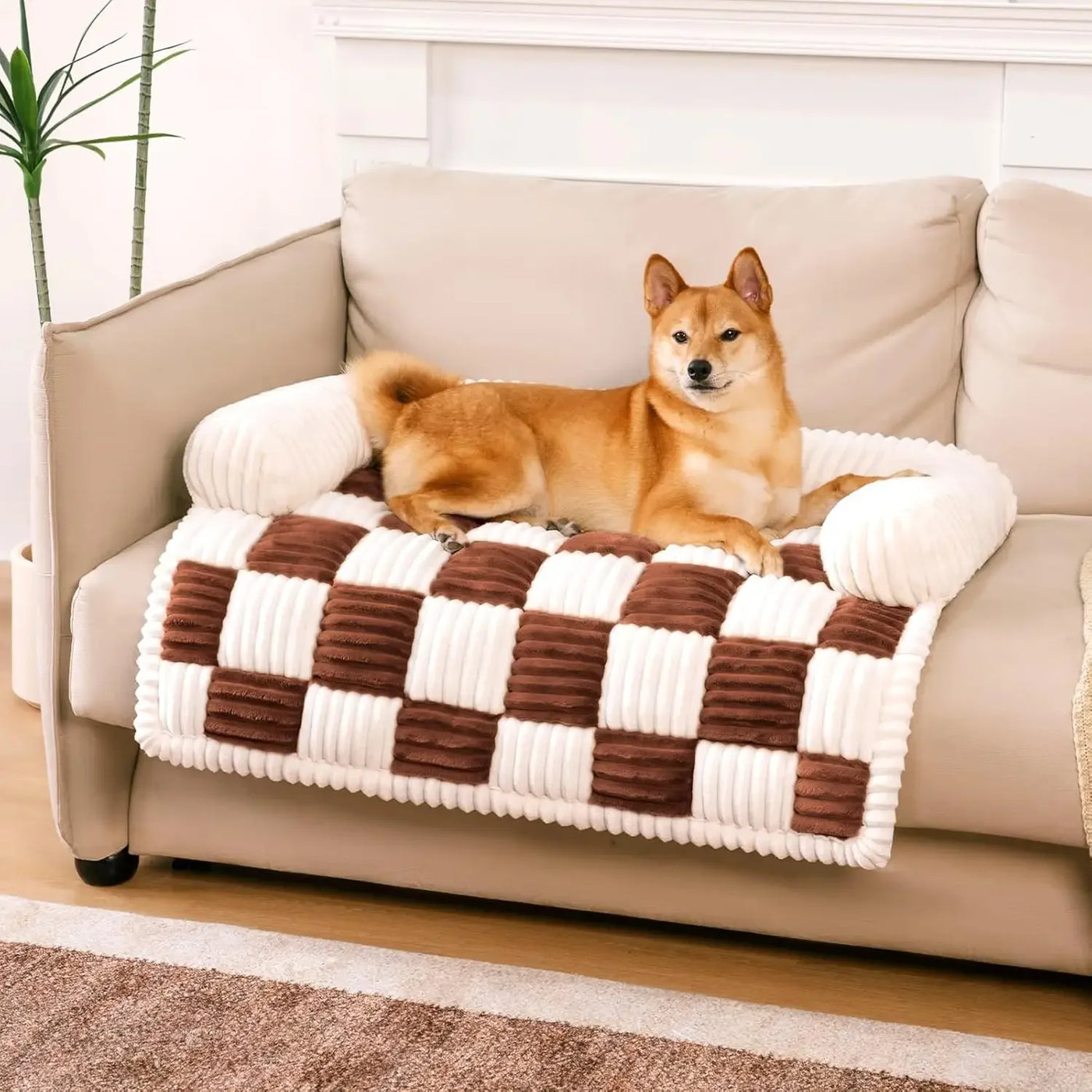Plush Dog Couch Cover – Cream Square Plaid