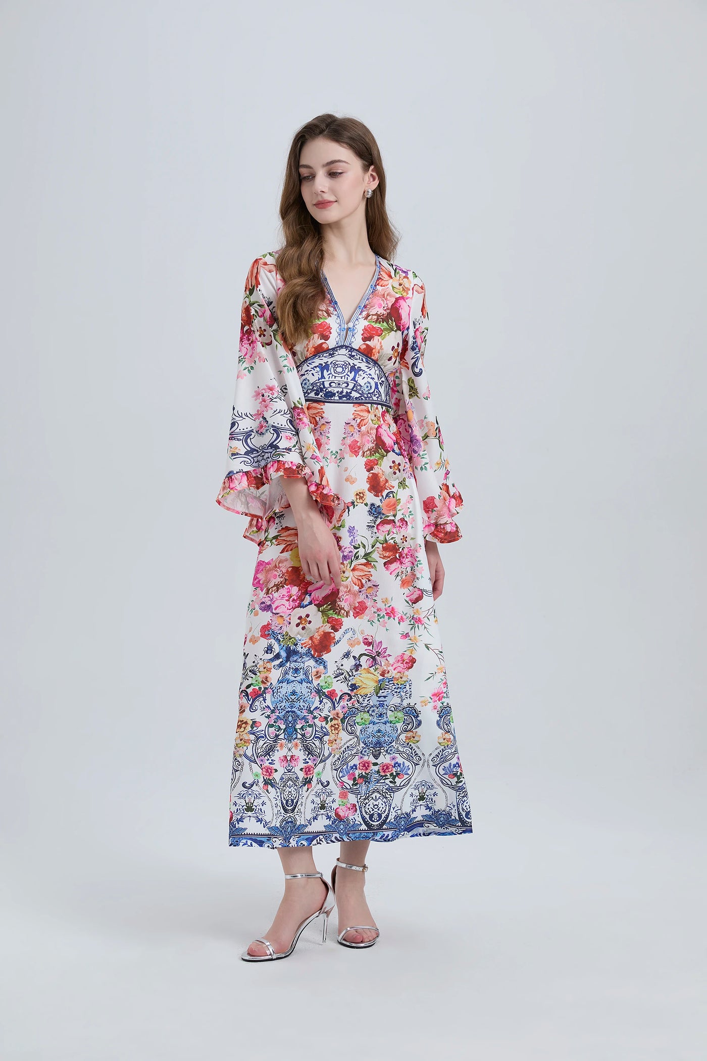Spring Summer Fashion Luxury Print Bohemian Maxi Dress Women's Sexy V Neck Long Flare Sleeve High Waist A Line Robe Vestidos