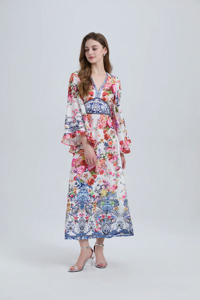 Spring Summer Fashion Luxury Print Bohemian Maxi Dress Women's Sexy V Neck Long Flare Sleeve High Waist A Line Robe Vestidos