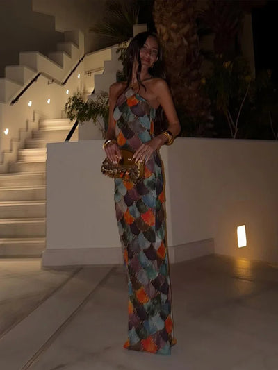 Halter Long Dress Women Retro Contrast Color Sleeveless Bodycon Printed Robe 2025 Elegant Spring Summer Lady Party Beach Dresses
