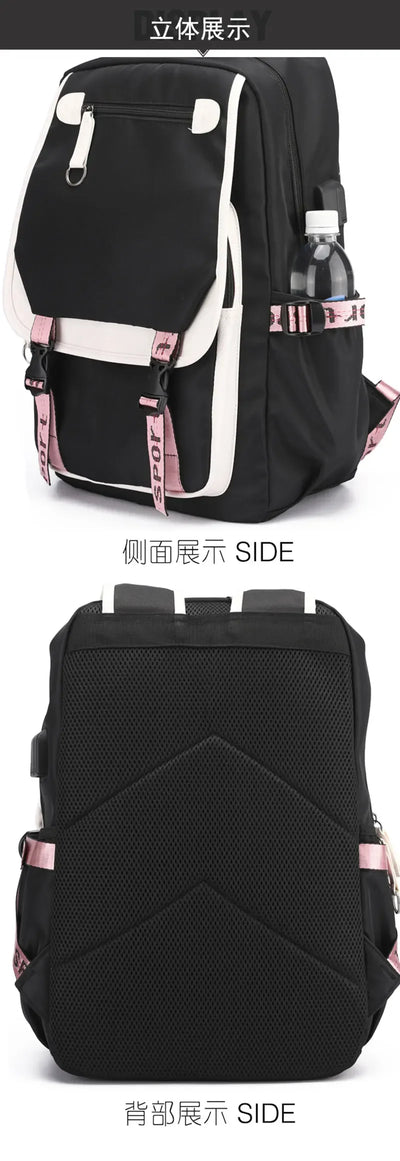 School Backpacks for Young Boys Girls Bagpack College Students Kawaii School Bag Harajuku Fashion Travel Rucksack Black Pink Bag