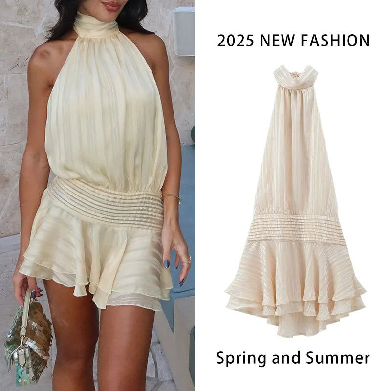 Halter Backless Chiffon Dress Woman's Sexy Lace Up Sleeveless Pleat Wrapped Waist Elegant Short Dresses 2025 Summer New Fashion