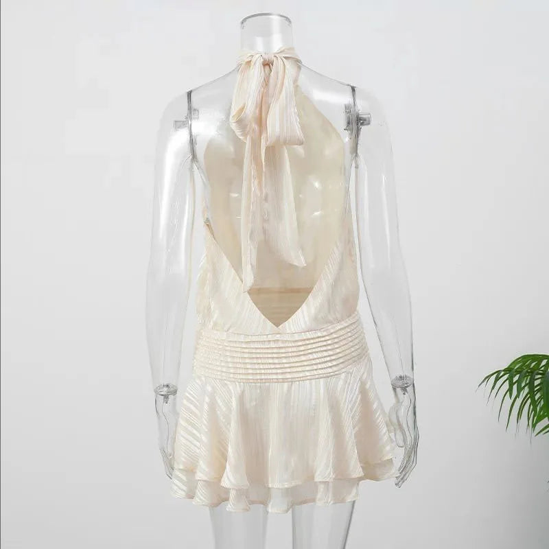 Halter Backless Chiffon Dress Woman's Sexy Lace Up Sleeveless Pleat Wrapped Waist Elegant Short Dresses 2025 Summer New Fashion