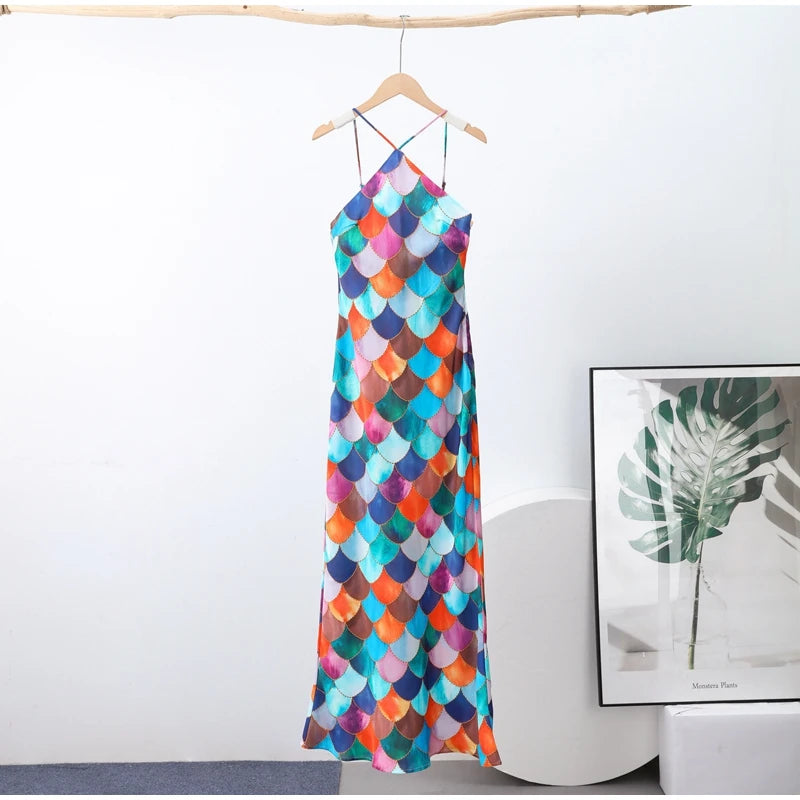 Halter Long Dress Women Retro Contrast Color Sleeveless Bodycon Printed Robe 2025 Elegant Spring Summer Lady Party Beach Dresses