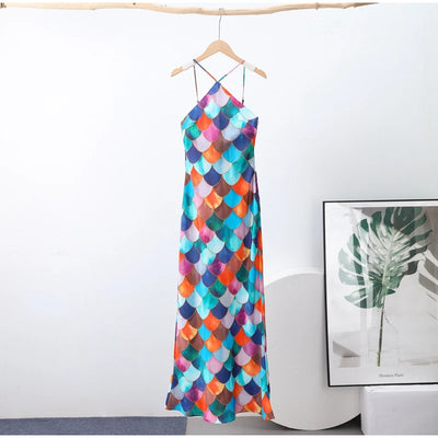 Halter Long Dress Women Retro Contrast Color Sleeveless Bodycon Printed Robe 2025 Elegant Spring Summer Lady Party Beach Dresses