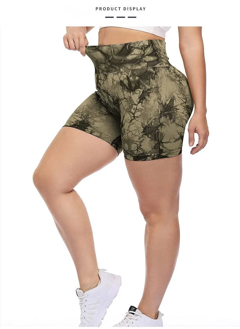 Tie Dye Shorts Women Seamless High Waist  Shorts Sexy Hip Liftting Stretchy Yoga Shorts Workout Running Knit Skinny Gym Shorts