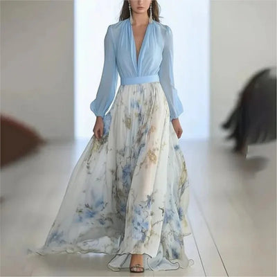 Fashion Floral Print Patchwork Bohemian Dress Woman 2025 Sexy V Neck Hollow Long Dresses Long Sleeve  Puff Loose Maxi Dress