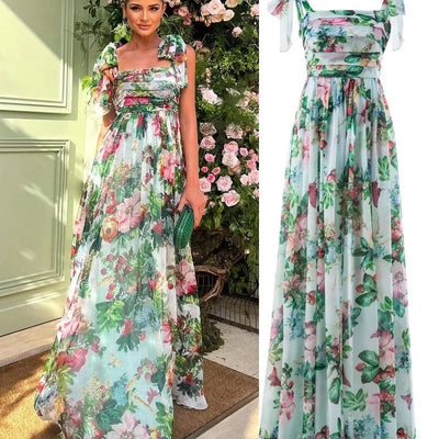 Sexy Summer Party Dress Women Fashion Bow Straps High Waist Pleated Beach Dress Chiffon Casual Floral Print Bohemian Long Dress