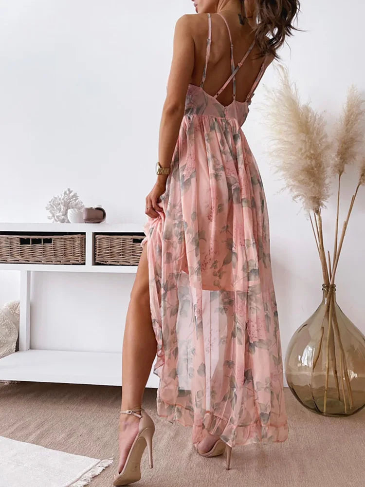 Women Bohemian Sexy Sweet Princess Dress Summer Deep V-Neck Sling Backless Ladies Party Dress Sleeveless Floral Printing Dress