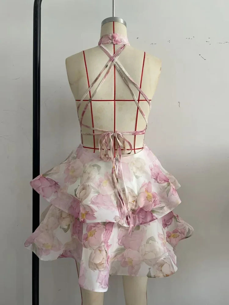 Printed Backless Halter Puffy Dress Women Sleeveless Backless High Waist Sexy Holiday Dresses 2025 Summer Party Gown Lady Robe