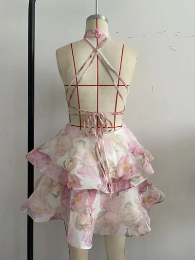 Printed Backless Halter Puffy Dress Women Sleeveless Backless High Waist Sexy Holiday Dresses 2025 Summer Party Gown Lady Robe