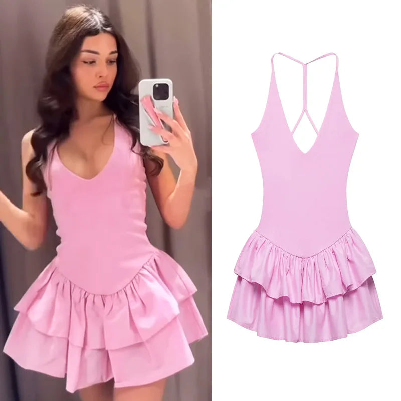 TRAF Sexy Party Halter Dress 2025 Women's Spring Summer Elegant Short Dress Fashion Casual White Pink Black Mini Dress Vestidos