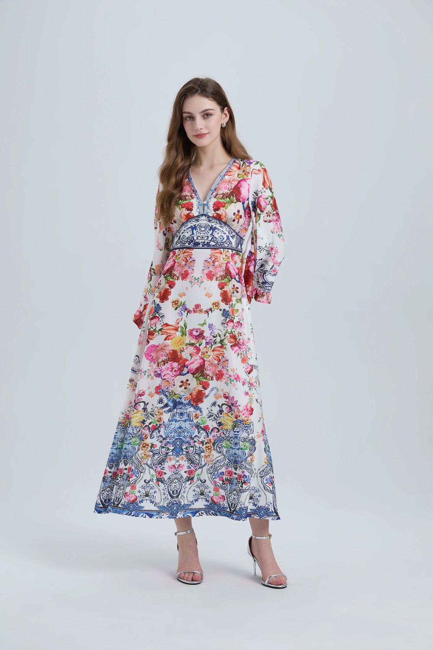 Spring Summer Fashion Luxury Print Bohemian Maxi Dress Women's Sexy V Neck Long Flare Sleeve High Waist A Line Robe Vestidos