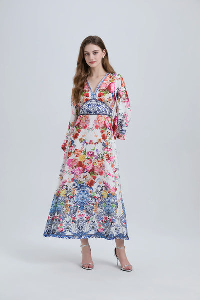 Spring Summer Fashion Luxury Print Bohemian Maxi Dress Women's Sexy V Neck Long Flare Sleeve High Waist A Line Robe Vestidos