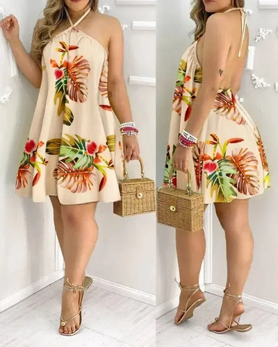 Dresses For Woman 2025 Sexy Sleeveless Backless Short Mini Dress Loose Halter Neck Print Beach Sundress Floral Vestidos S-3XL