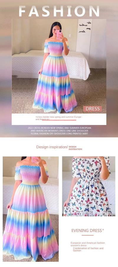Fashion Womens Rainbow Long Dress Sexy Off Shoulder A-line Floral Printed Maxi Dresses Boho Retro Party Evening Vestidos Female