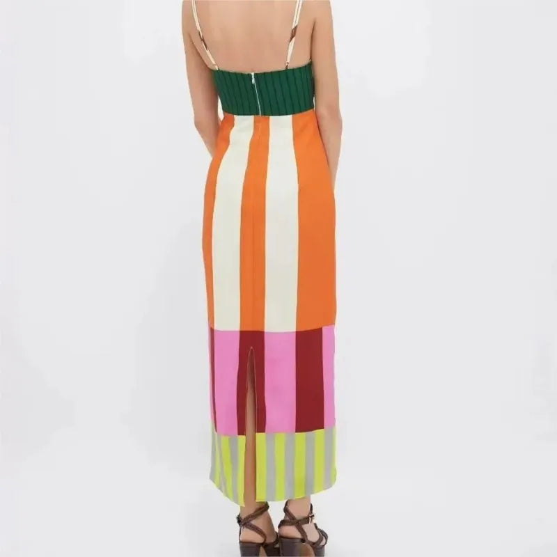 Sexy High Waist 2025 Party Long Dress Women Fashion Elegant Casual New Striped Colorful Spaghetti Strap Bohemian Mixi Dresses